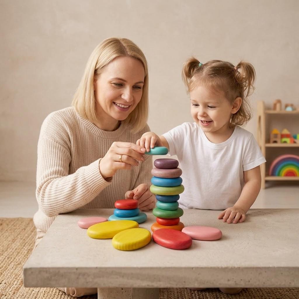 Korakio Extra Large Wooden Stacking Stones for Toddlers 1-3, 16 Pcs Montessori Balancing Rocks, Giant Lightweight Sensory Toys for Open-Ended Play, Smooth & Safe Learning Blocks Gift for Boys & Girls
