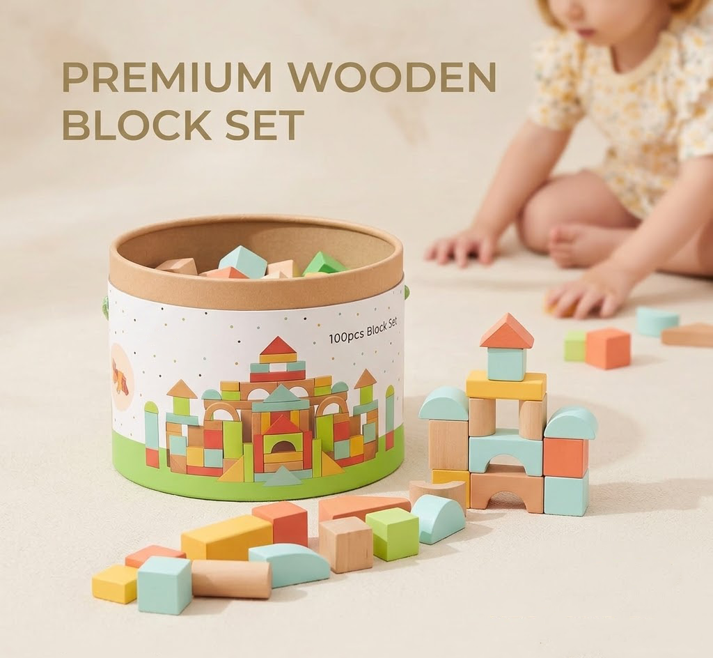 Korakio 100 Pcs Wooden Building Blocks Set for Toddlers 1-3, Educational Stacking Blocks Toy for Babies, Preschool Learning Toys with Storage Bucket, Perfect Baby Shower Gift