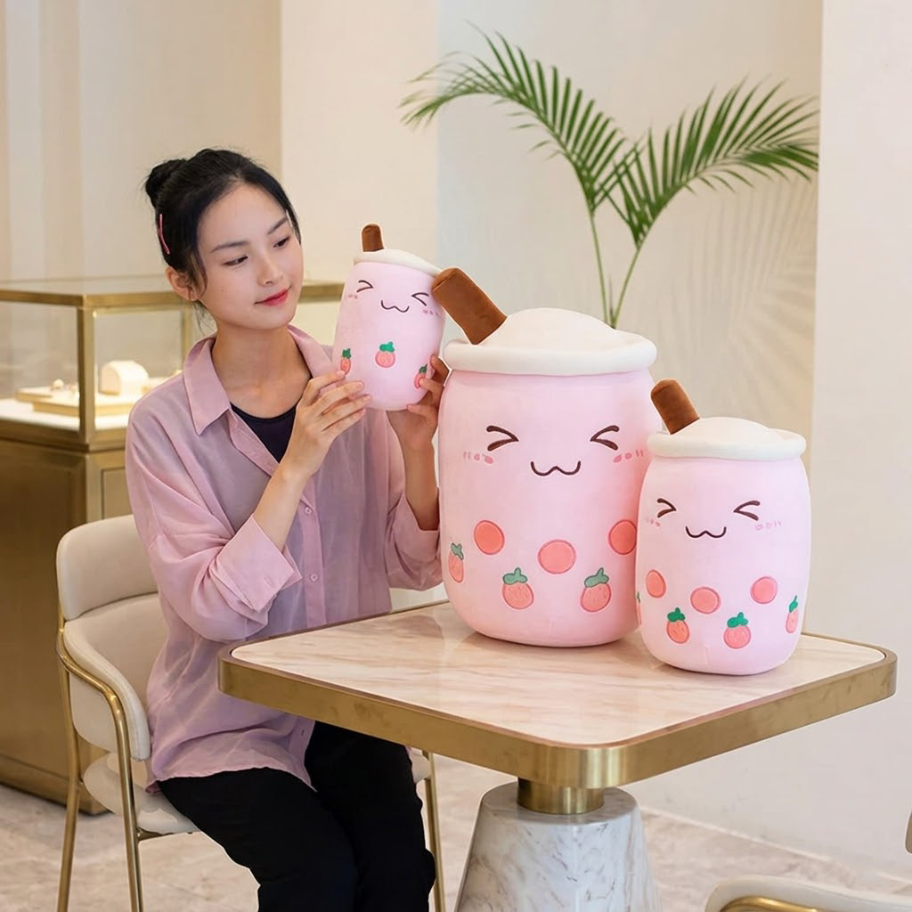 Korakio Kawaii Boba Plushie - Adorable Milk Tea Cup Stuffed Toy with Tapioca Pearls, Ultra Soft Tea Cup Pillow, Aesthetic Room Decor & Cozy Comfort Gift