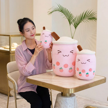 Korakio Kawaii Boba Plushie - Adorable Milk Tea Cup Stuffed Toy with Tapioca Pearls, Ultra Soft Tea Cup Pillow, Aesthetic Room Decor & Cozy Comfort Gift