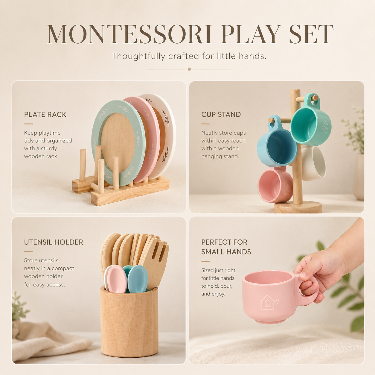 Davorilo Kids Wooden Play Dishes and Plates Set